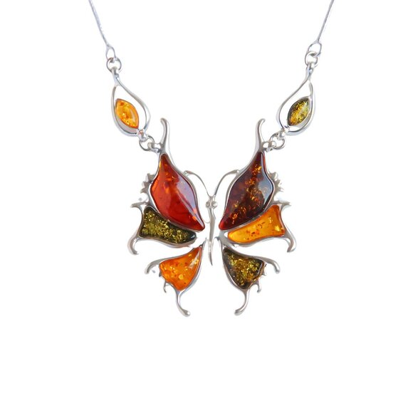 Lithuanian Baltic Amber Butterfly Necklace in 925 Sterling Silver - Picture 1 of 6